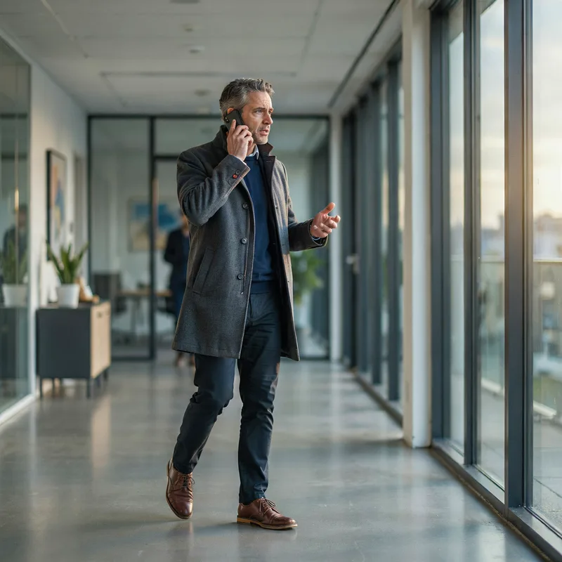 Manager spricht im Bürogang eine Sprachnotiz in sein Telefon