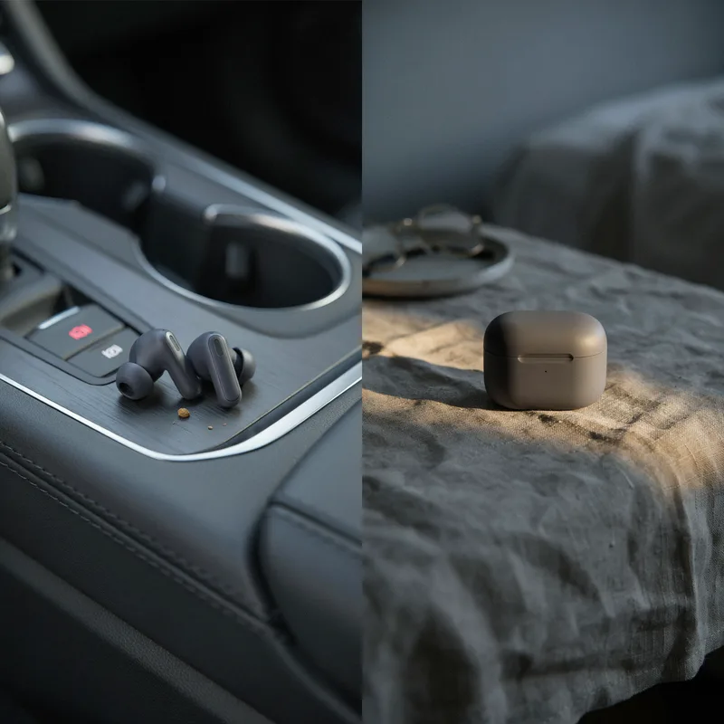 Earbuds auf der Mittelkonsole im Auto und das Ladecase auf dem Nachttisch