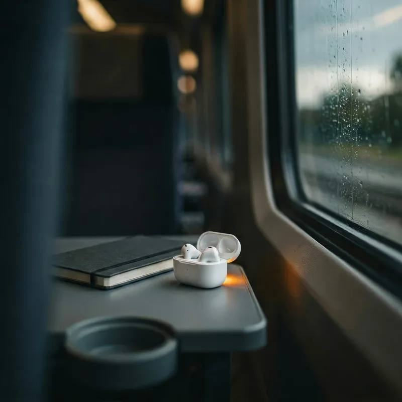 Offenes Earbud-Case und Notizbuch auf dem Klapptisch am regennassen Zugfenster